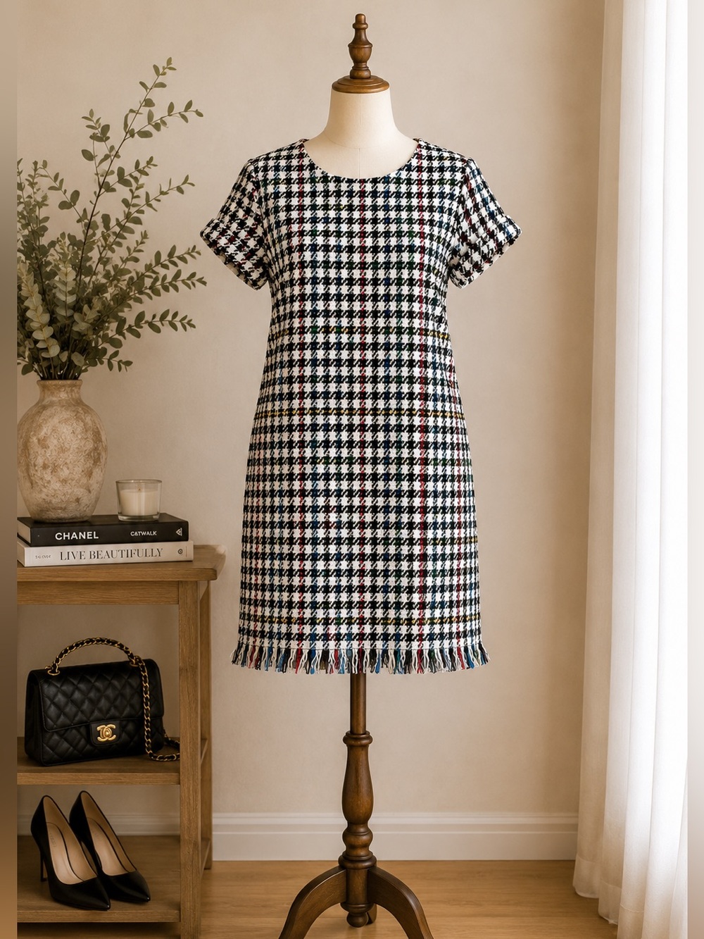 Zara Trafaluc Tweed Plaid Shift Dress Fringe Hem Short Sleeve Black White Small